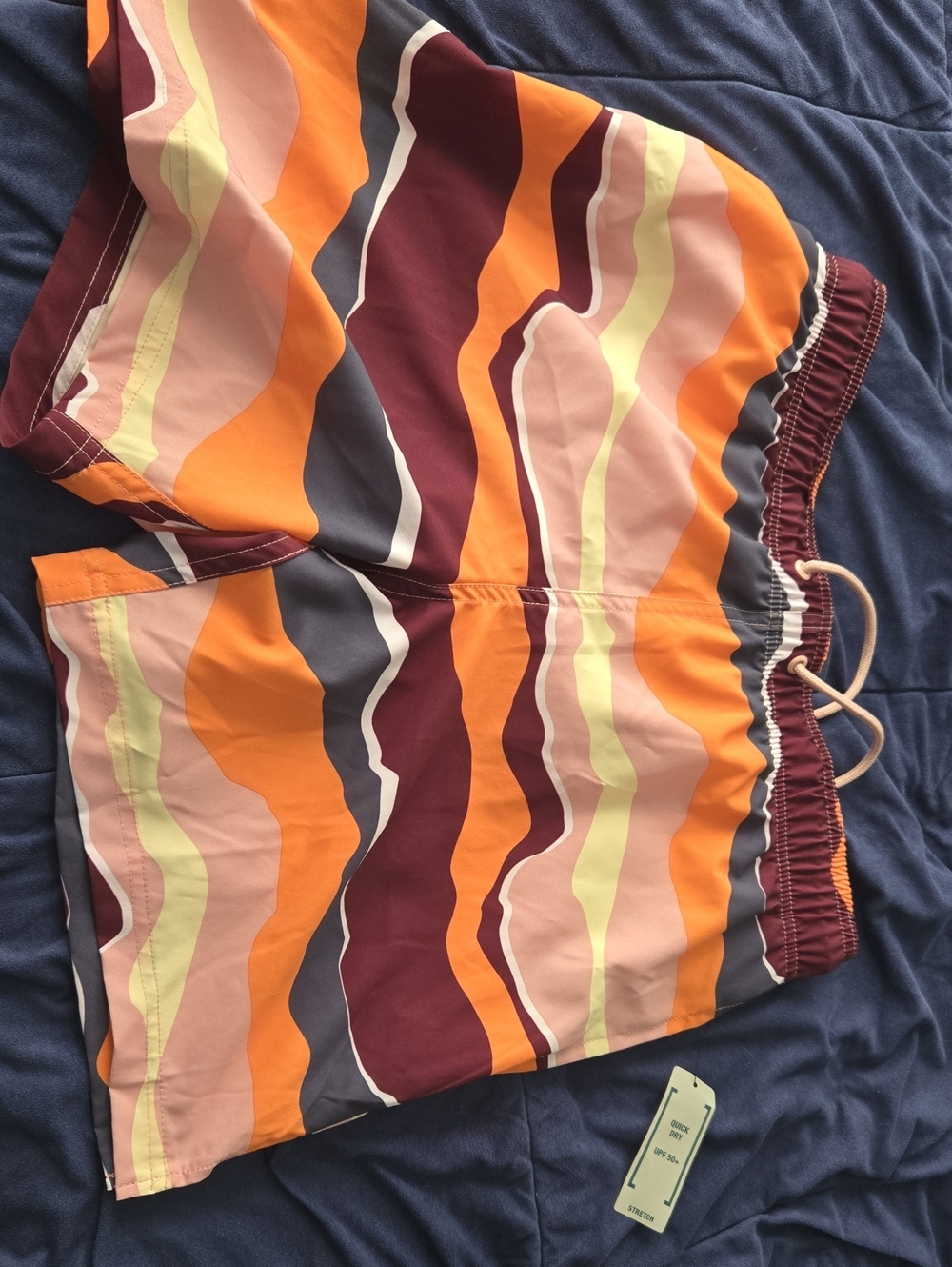 George Men’s Wave-Print Swim Trunks in Orange, Maroon, Pink and Gray